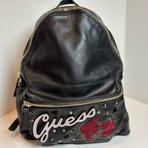 Black Multi Small Backpack Floral Embroidery Studded Logo Adjustable Straps Bag